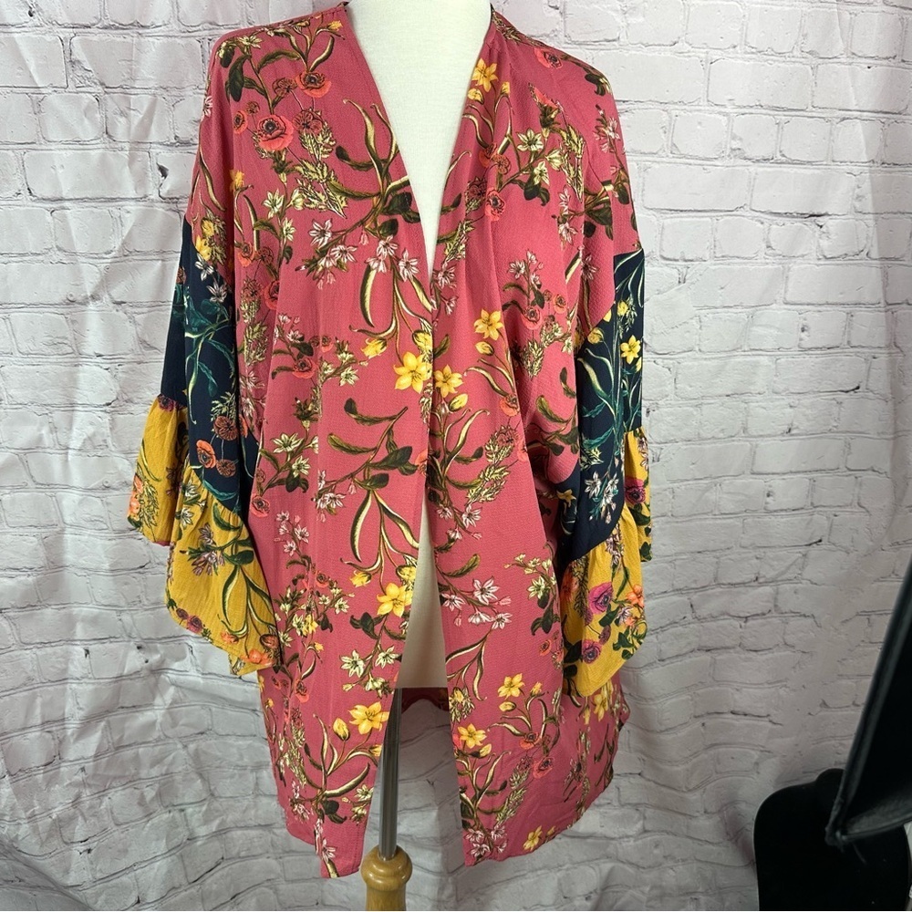 NWT umgee boutique boho Floral Kimono Cardigan layered ruffle sleeve M/L